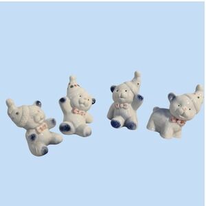 Vintage Ceramic Party Teddy Bear Figurines Set 4 White Blue Pink Polka Dot‎ Hat
